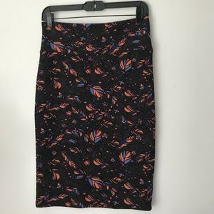 EUC!! LuLaRoe Women's Black/Purple/Orange/Blue Feather Print Cassie Skirt Sz S